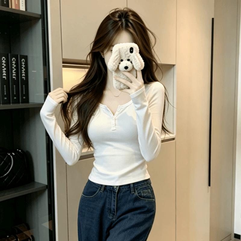실사 반 개방 칼라 핫걸 몸매 가꾸기 티셔츠 여성 기본 셔츠 이른 가을 아름다움 라드. chic 리브 단추 긴팔 맨위 이미지 2