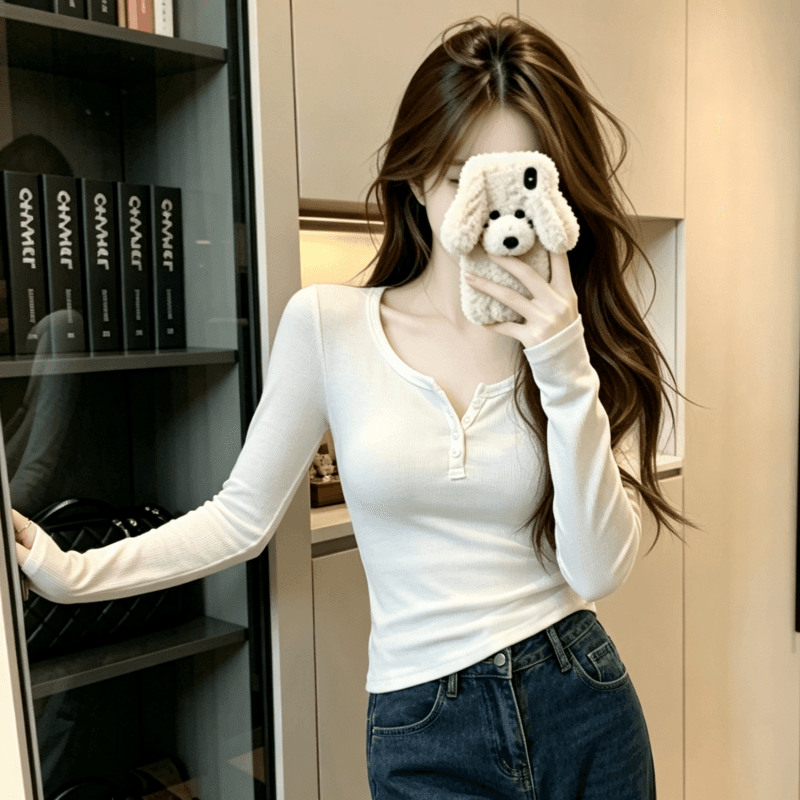 실사 반 개방 칼라 핫걸 몸매 가꾸기 티셔츠 여성 기본 셔츠 이른 가을 아름다움 라드. chic 리브 단추 긴팔 맨위 이미지 5