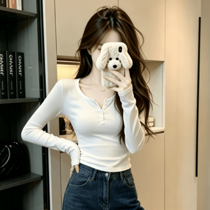 실사 반 개방 칼라 핫걸 몸매 가꾸기 티셔츠 여성 기본 셔츠 이른 가을 아름다움 라드. chic 리브 단추 긴팔 맨위 상세 이미지 2