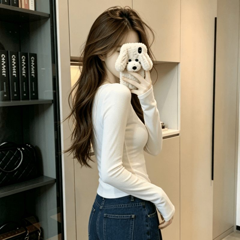 실사 반 개방 칼라 핫걸 몸매 가꾸기 티셔츠 여성 기본 셔츠 이른 가을 아름다움 라드. chic 리브 단추 긴팔 맨위 상세 이미지 3