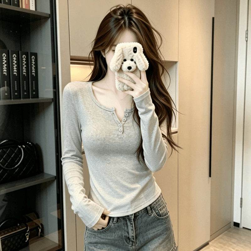 실사 반 개방 칼라 핫걸 몸매 가꾸기 티셔츠 여성 기본 셔츠 이른 가을 아름다움 라드. chic 리브 단추 긴팔 맨위 상세 이미지 6