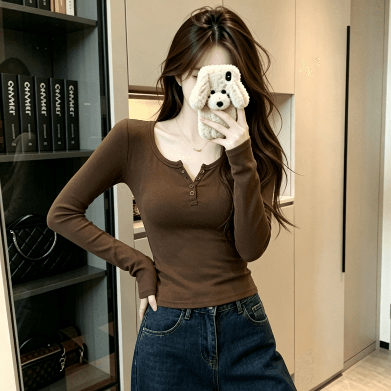 실사 레트로 와인 레드 핫걸 몸매 가꾸기 chic 긍정적 인 어깨 단추 긴팔 티셔츠