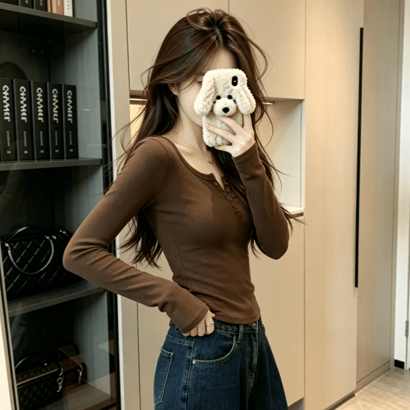 실사 레트로 와인 레드 핫걸 몸매 가꾸기 chic 긍정적 인 어깨 단추 긴팔 티셔츠 이미지 3