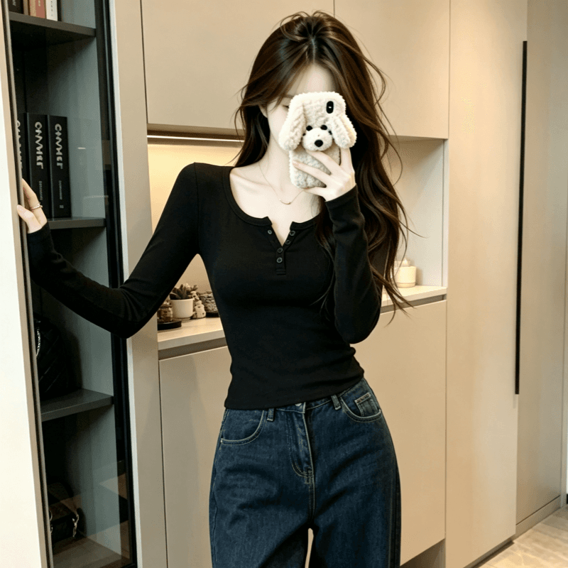 실사 레트로 와인 레드 핫걸 몸매 가꾸기 chic 긍정적 인 어깨 단추 긴팔 티셔츠 상세 이미지 9
