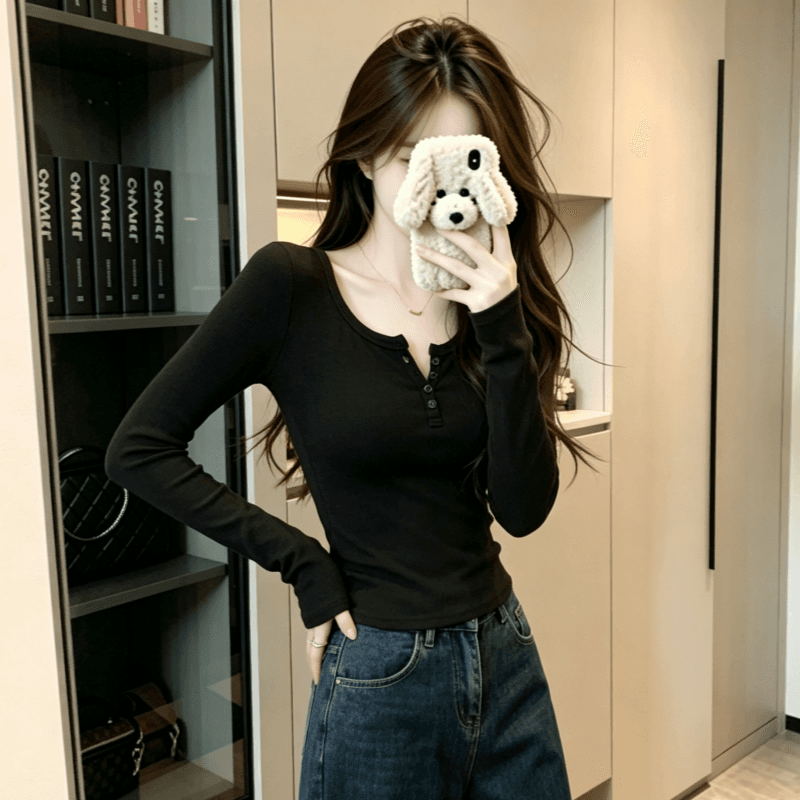 실사 레트로 와인 레드 핫걸 몸매 가꾸기 chic 긍정적 인 어깨 단추 긴팔 티셔츠 상세 이미지 10
