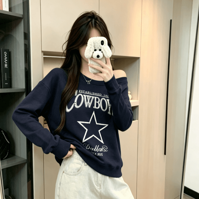 실사 한국 동대문 가을 새로운 패션 마 오래된 알파벳 패턴 오프숄더 긴팔 후드티 여성 셔츠 트렌디 상세 이미지 8