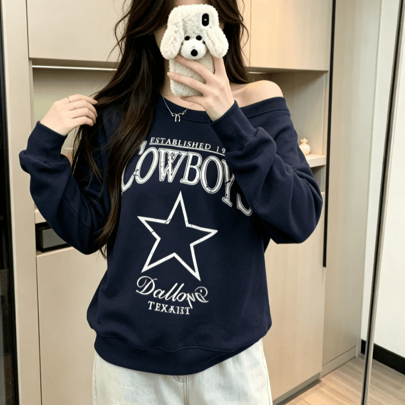 실사 한국 동대문 가을 새로운 패션 마 오래된 알파벳 패턴 오프숄더 긴팔 후드티 여성 셔츠 트렌디 상세 이미지 11