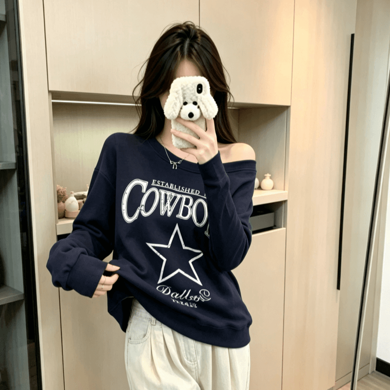 실사 한국 동대문 가을 새로운 패션 마 오래된 알파벳 패턴 오프숄더 긴팔 후드티 여성 셔츠 트렌디 상세 이미지 12