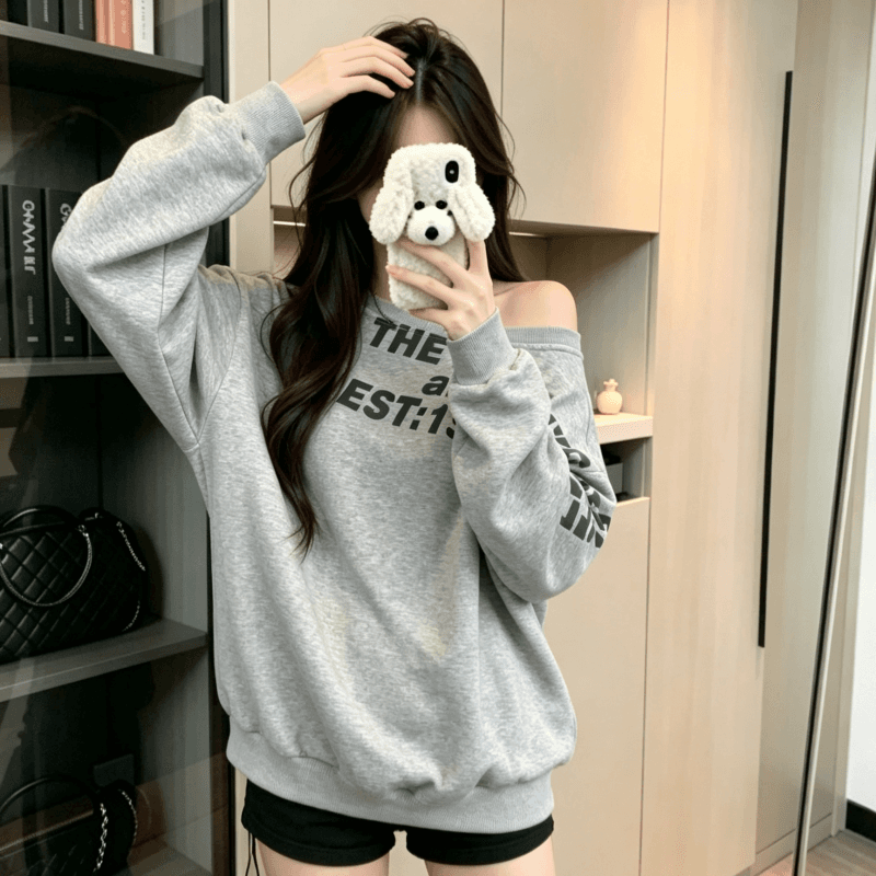 실사 아메리칸 레트로 비스듬한 어깨 알파벳 프린트 디자인 센스 긴팔 후드티 여성 가을 겨울 핫걸 풀오버 루즈핏 맨위 이미지 3