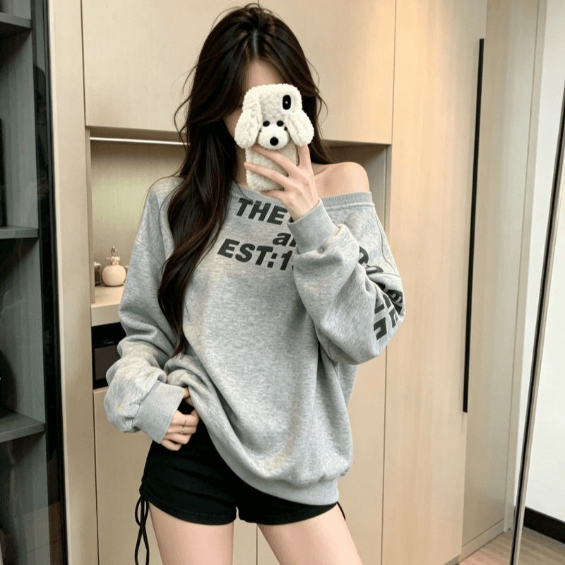 실사 아메리칸 레트로 비스듬한 어깨 알파벳 프린트 디자인 센스 긴팔 후드티 여성 가을 겨울 핫걸 풀오버 루즈핏 맨위