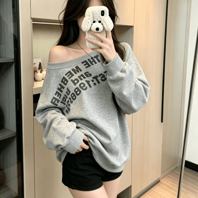 실사 아메리칸 레트로 비스듬한 어깨 알파벳 프린트 디자인 센스 긴팔 후드티 여성 가을 겨울 핫걸 풀오버 루즈핏 맨위 상세 이미지 2