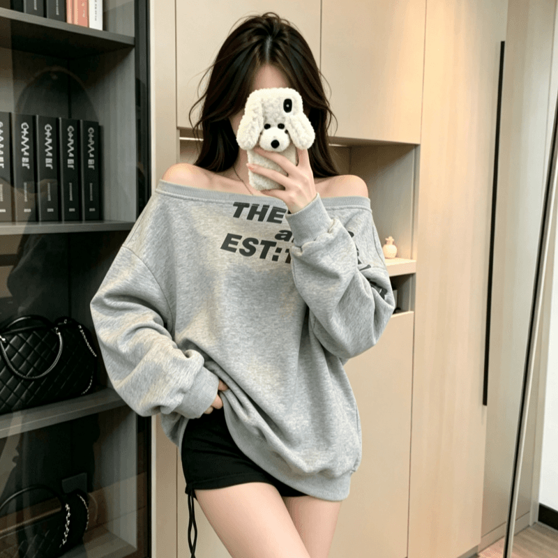 실사 아메리칸 레트로 비스듬한 어깨 알파벳 프린트 디자인 센스 긴팔 후드티 여성 가을 겨울 핫걸 풀오버 루즈핏 맨위 상세 이미지 4