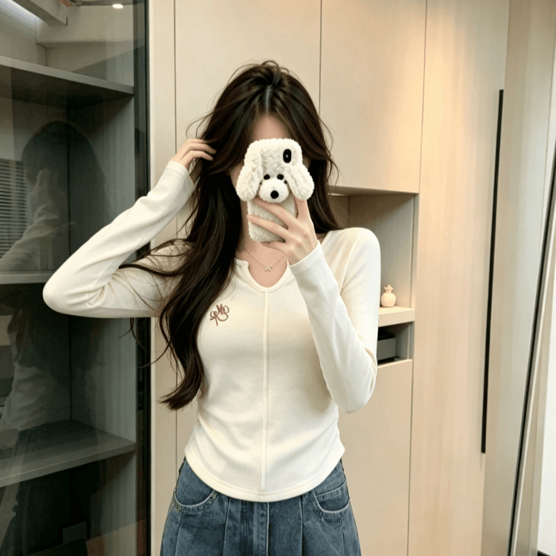 실사 가을 여성 의류 긍정적 인 어깨 De 플러시 V넥 긴팔 맨위 여성 한국 스타일 디자인 센스 쇼트 스타일 기본 셔츠 티셔츠 여성 이미지 5