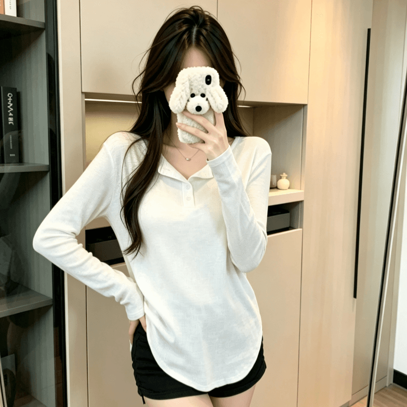 실사 가을 얇은 스타일 단색 후드 한국 스타일 긴팔 티셔츠 루즈핏 슬림해 보이는 맨위 여성 이미지 5
