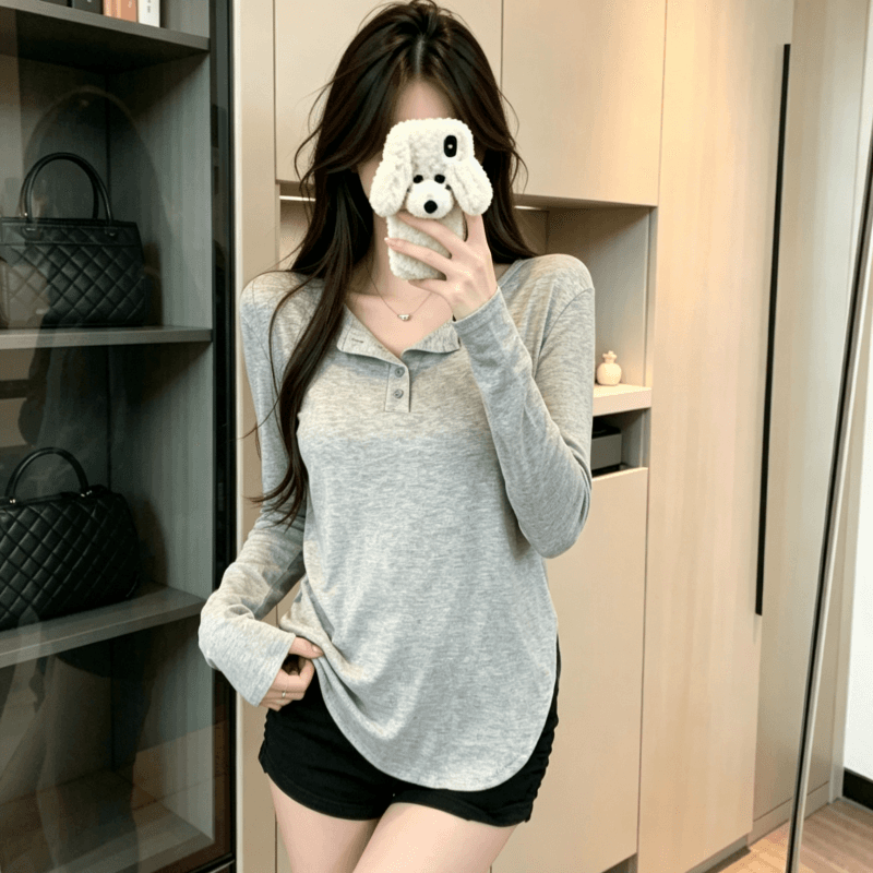 실사 가을 얇은 스타일 단색 후드 한국 스타일 긴팔 티셔츠 루즈핏 슬림해 보이는 맨위 여성 상세 이미지 4
