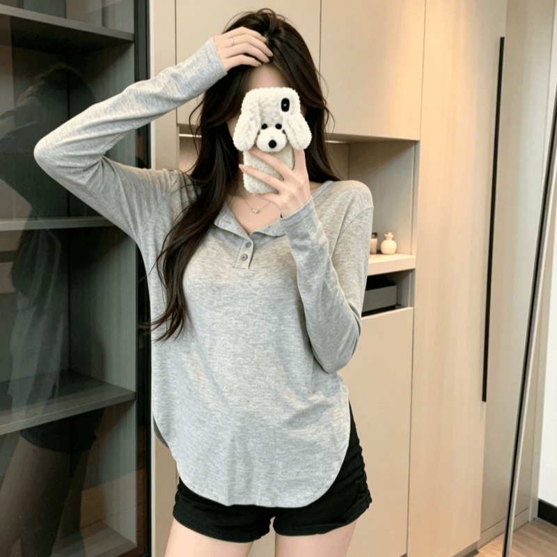 실사 가을 얇은 스타일 단색 후드 한국 스타일 긴팔 티셔츠 루즈핏 슬림해 보이는 맨위 여성 상세 이미지 5