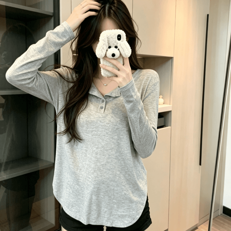 실사 가을 얇은 스타일 단색 후드 한국 스타일 긴팔 티셔츠 루즈핏 슬림해 보이는 맨위 여성 상세 이미지 7