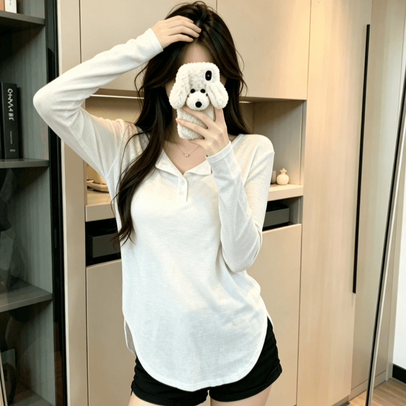 실사 가을 얇은 스타일 단색 후드 한국 스타일 긴팔 티셔츠 루즈핏 슬림해 보이는 맨위 여성 상세 이미지 8