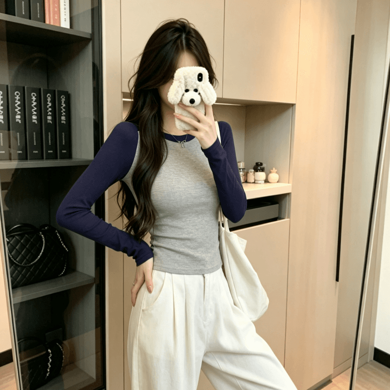 실사 2026 봄 가을 한국 스타일 새로운 긴팔 티셔츠 여성 순수한 욕망 기본 셔츠 배색 핫걸 몸매 가꾸기 다용도 맨위 상세 이미지 3