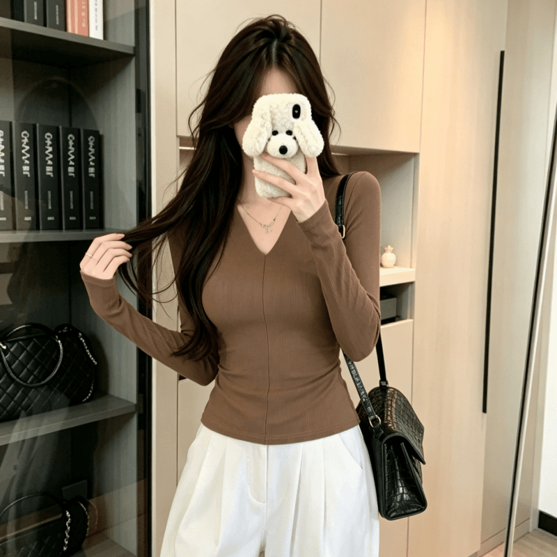 실사 단색 V넥 긴팔 기본 셔츠 여성 인사이드 가져 가라. 봄 가을 새로운 고급 센스 몸매 가꾸기 품격 다용도 티셔츠 맨위 이미지 4