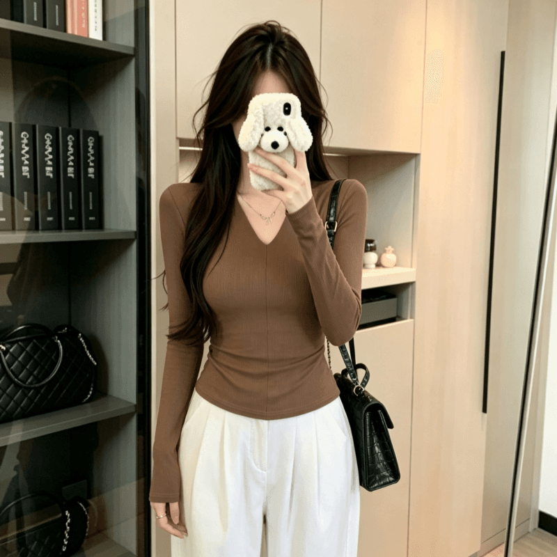 실사 단색 V넥 긴팔 기본 셔츠 여성 인사이드 가져 가라. 봄 가을 새로운 고급 센스 몸매 가꾸기 품격 다용도 티셔츠 맨위 상세 이미지 7