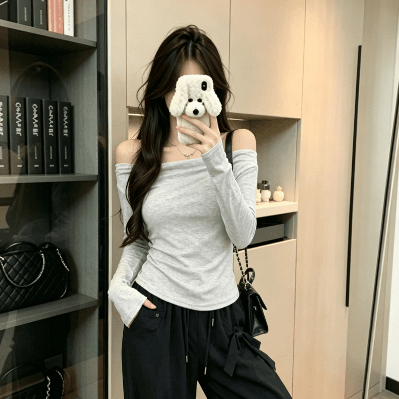 실사 프랑스식 오프숄더 긴팔 기본 셔츠 여성 봄 부드러운 순수한 욕망 바람 화이트 몸매 가꾸기 슬림해 보이는 풀오버 맨위 이미지 3