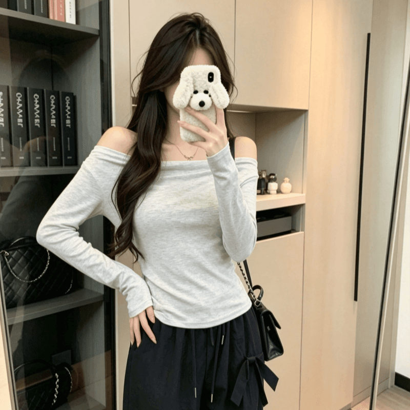 실사 프랑스식 오프숄더 긴팔 기본 셔츠 여성 봄 부드러운 순수한 욕망 바람 화이트 몸매 가꾸기 슬림해 보이는 풀오버 맨위 상세 이미지 3