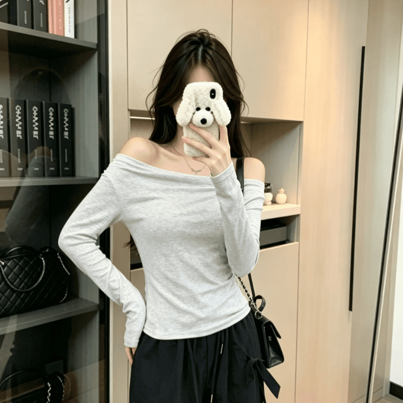 실사 프랑스식 오프숄더 긴팔 기본 셔츠 여성 봄 부드러운 순수한 욕망 바람 화이트 몸매 가꾸기 슬림해 보이는 풀오버 맨위 상세 이미지 5