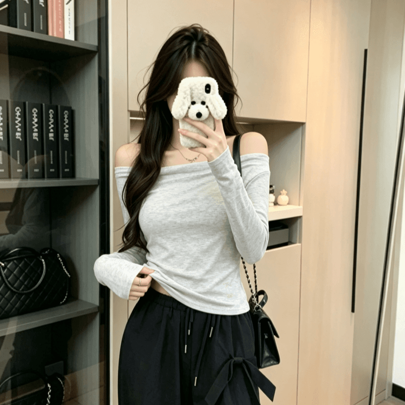 실사 프랑스식 오프숄더 긴팔 기본 셔츠 여성 봄 부드러운 순수한 욕망 바람 화이트 몸매 가꾸기 슬림해 보이는 풀오버 맨위 상세 이미지 6