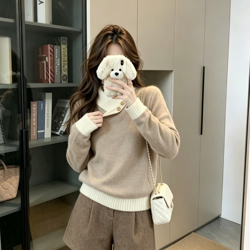 실사 한국 스타일 디자인 센스 배색 폴로 칼라 니트 스웨터 여자 가을 겨울철 새로운 풀오버 긴팔 맨위 상세 이미지 4