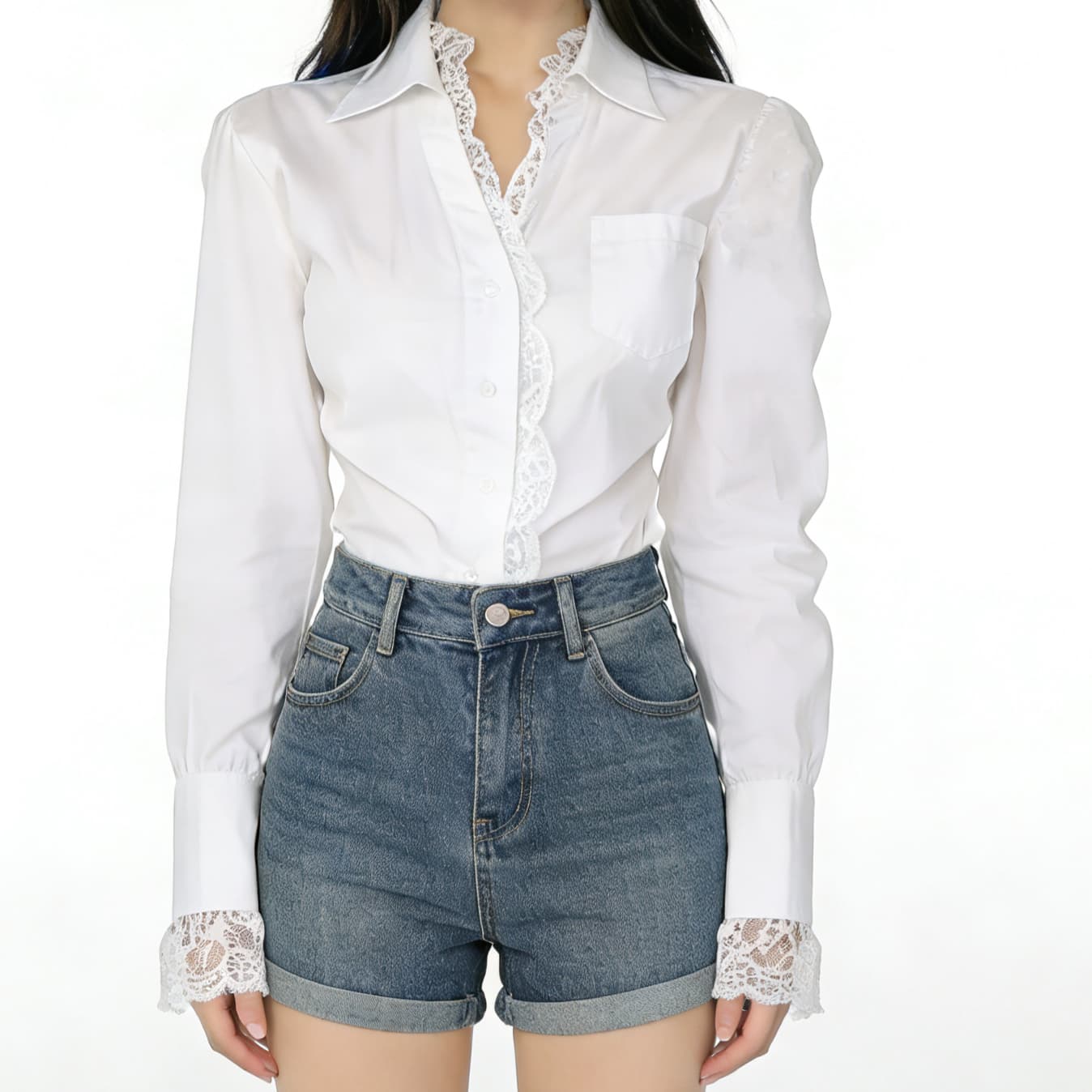 주문 재고 있음 프랑스식 홀로우 아웃 레이스 레이스 POLO 칼라 여성 셔츠 품격 꼬집기 허리 슬림해 보이는 셔츠 긴팔 맨위 상세 이미지 5