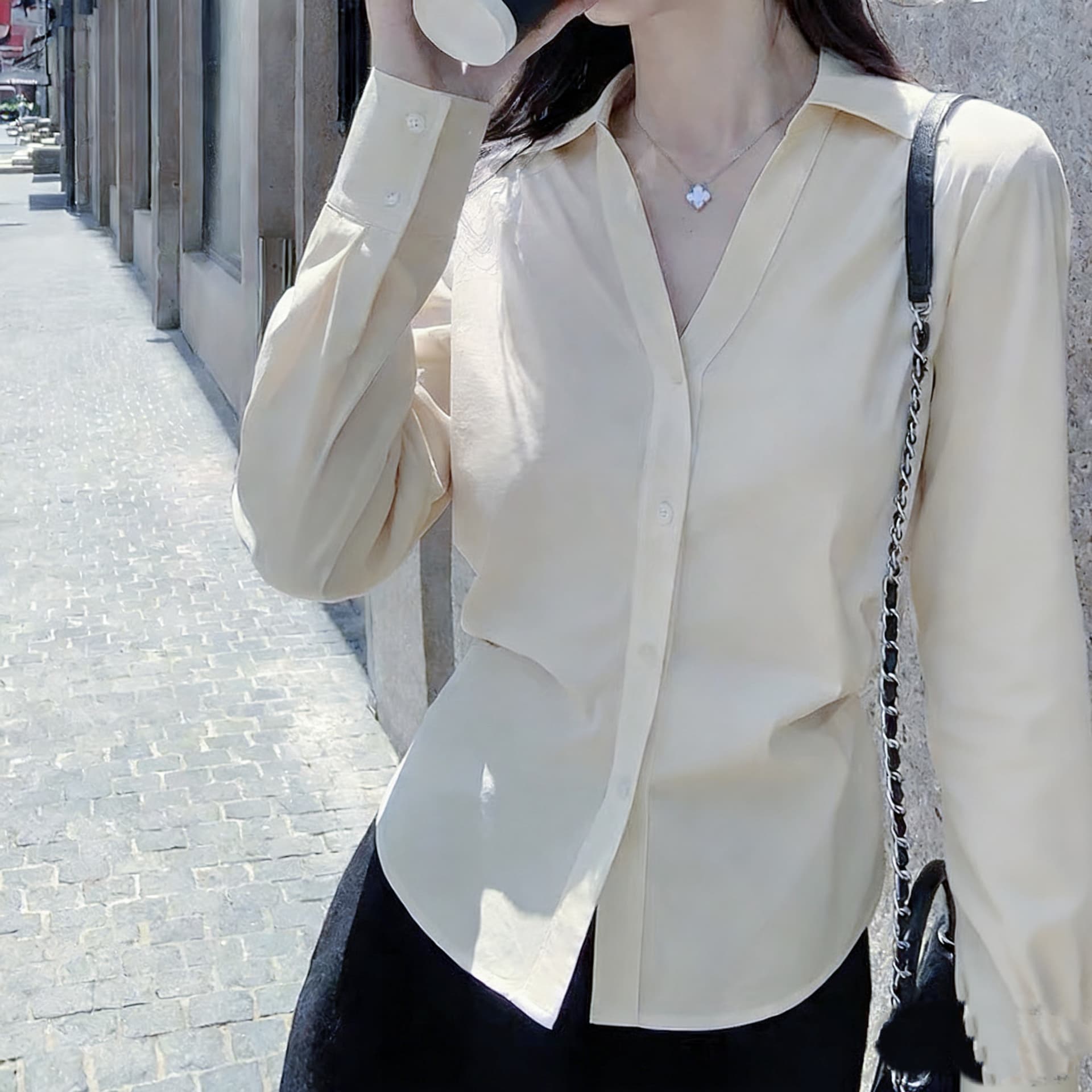 주문 재고 있음 화이트 V넥 허리 수축 긴팔 여성 셔츠 수 있습니다. 조정 레이스업 디자인 센스 맨위 이미지 3