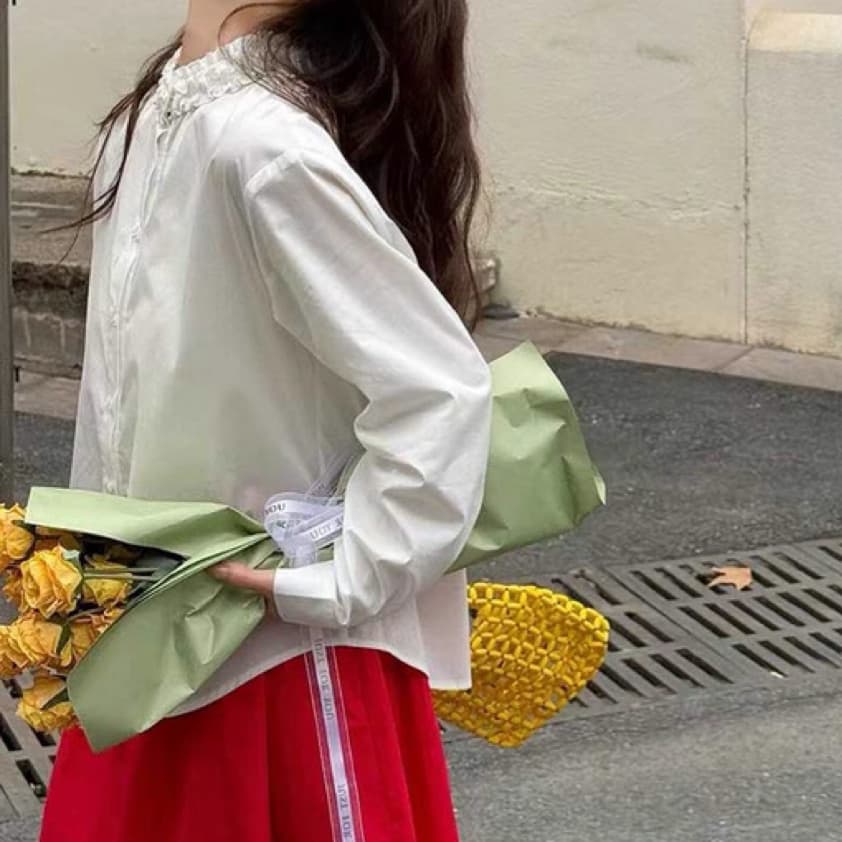 주문 재고 있음 프랑스식 스탠드 칼라 프릴 화이트 긴팔 셔츠 봄 새로운 품격 슬림해 보이는 다용도 스택 착용 맨위 이미지 4