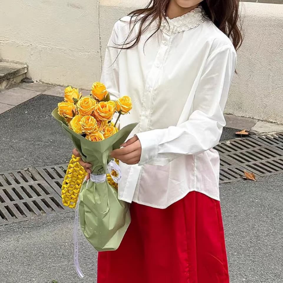 주문 재고 있음 프랑스식 스탠드 칼라 프릴 화이트 긴팔 셔츠 봄 새로운 품격 슬림해 보이는 다용도 스택 착용 맨위