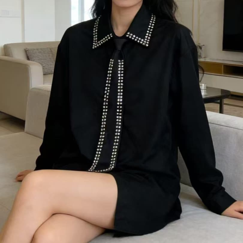 주문 재고 있음 인터넷 유명인 같은 단락 봄 가을 새로운 셔츠 무거운 작업 패션 스와로브스키 측면 넥타이 긴팔 셔츠
