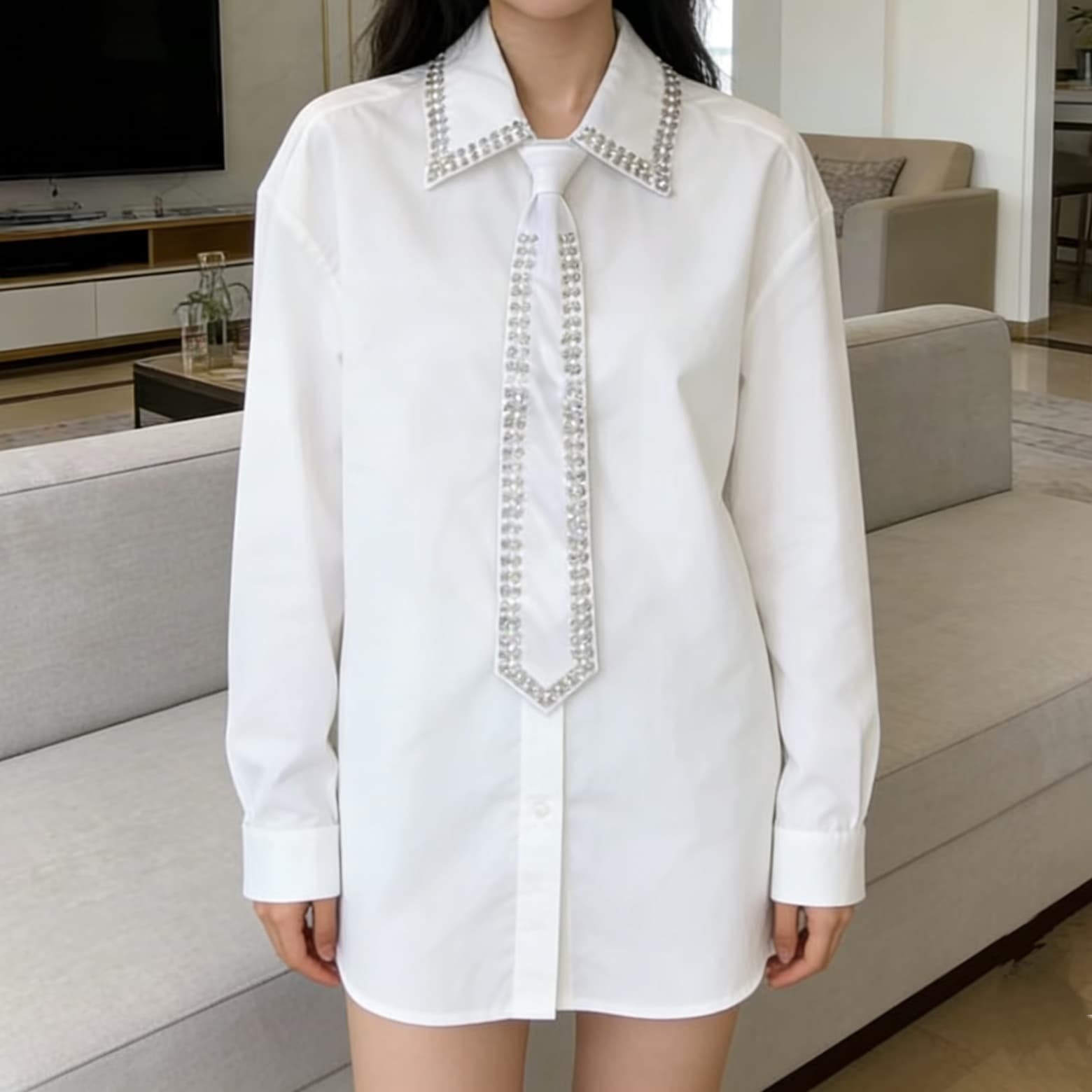 주문 재고 있음 인터넷 유명인 같은 단락 봄 가을 새로운 셔츠 무거운 작업 패션 스와로브스키 측면 넥타이 긴팔 셔츠 이미지 4