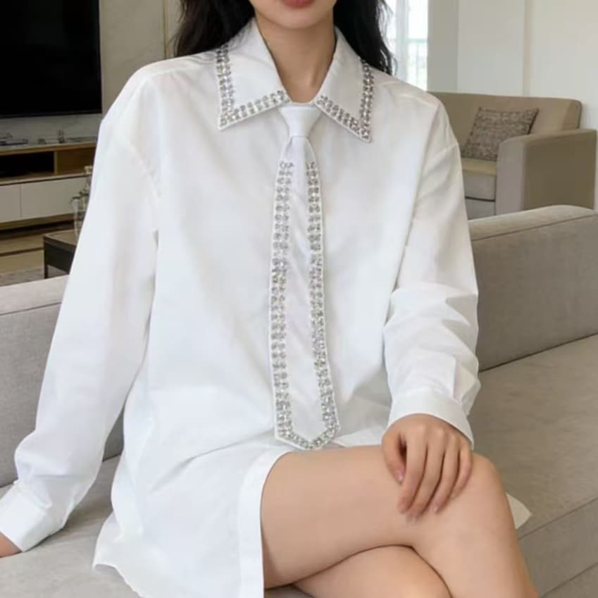 주문 재고 있음 인터넷 유명인 같은 단락 봄 가을 새로운 셔츠 무거운 작업 패션 스와로브스키 측면 넥타이 긴팔 셔츠 상세 이미지 2