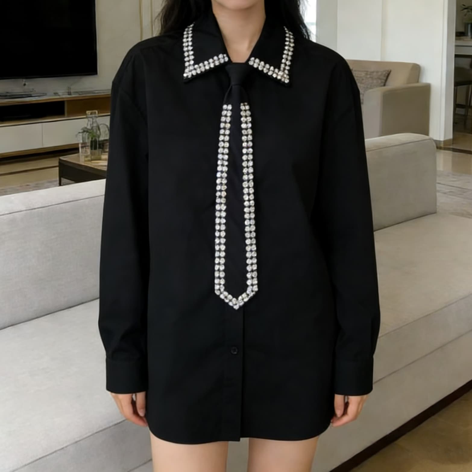 주문 재고 있음 인터넷 유명인 같은 단락 봄 가을 새로운 셔츠 무거운 작업 패션 스와로브스키 측면 넥타이 긴팔 셔츠 상세 이미지 3