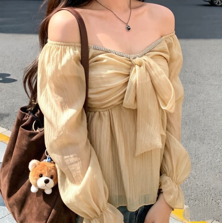 주문 재고 있음 한국 디자인 센스 스트랩 시폰 셔츠 여성 프랑스식 부드러운 바람 달콤함 연령 감소 광장 칼라 긴팔 맨위 이미지 3