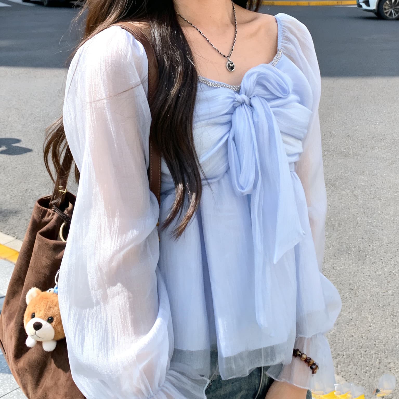 주문 재고 있음 한국 디자인 센스 스트랩 시폰 셔츠 여성 프랑스식 부드러운 바람 달콤함 연령 감소 광장 칼라 긴팔 맨위 이미지 5