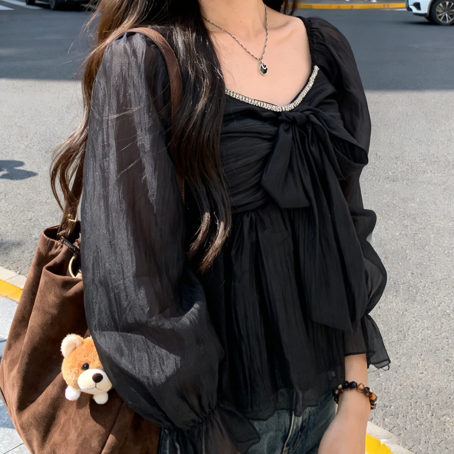 주문 재고 있음 한국 디자인 센스 스트랩 시폰 셔츠 여성 프랑스식 부드러운 바람 달콤함 연령 감소 광장 칼라 긴팔 맨위 상세 이미지 9