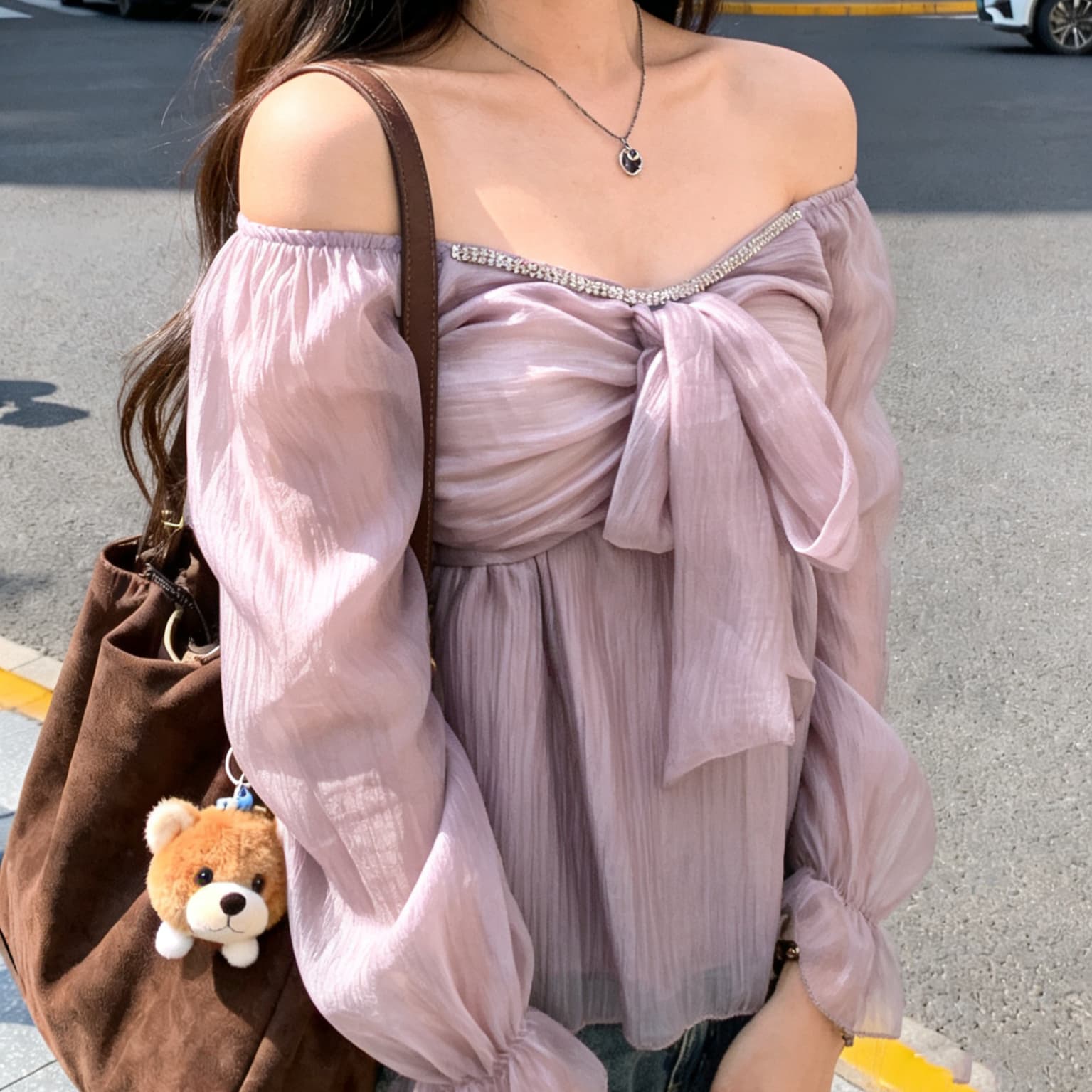 주문 재고 있음 한국 디자인 센스 스트랩 시폰 셔츠 여성 프랑스식 부드러운 바람 달콤함 연령 감소 광장 칼라 긴팔 맨위 상세 이미지 10