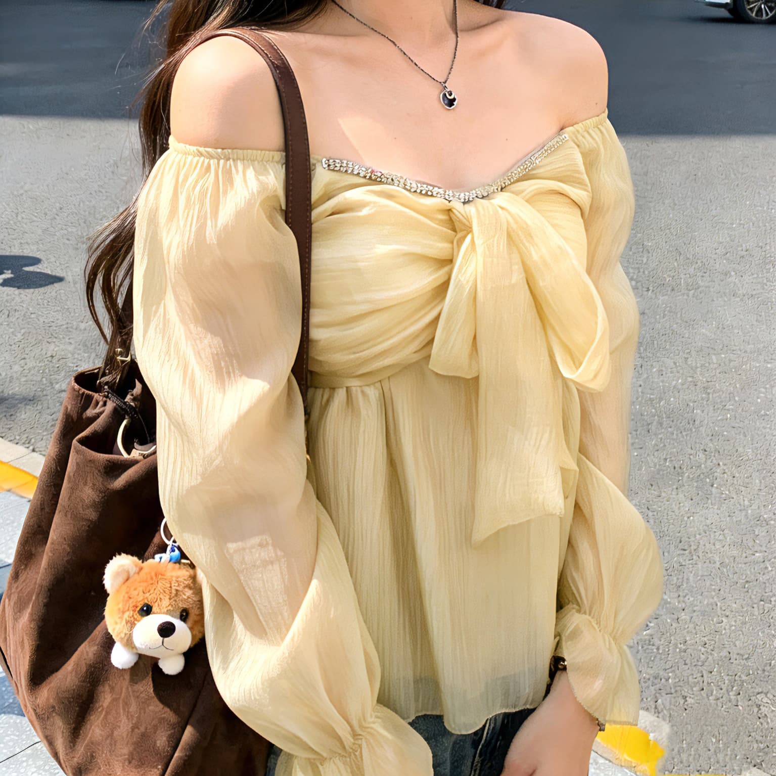 주문 재고 있음 한국 디자인 센스 스트랩 시폰 셔츠 여성 프랑스식 부드러운 바람 달콤함 연령 감소 광장 칼라 긴팔 맨위 상세 이미지 11