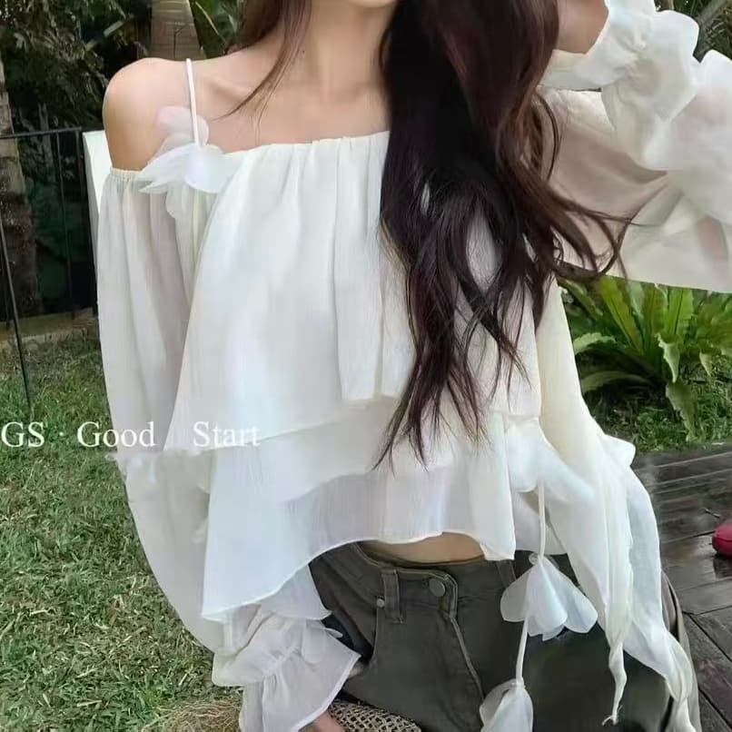 주문 재고 있음 여성 의류 봄 새로운 프랑스식 순수한 욕망 바람 꽃 리본 오프숄더 쉬폰 블라우스 슬림해 보이는 패션 맨위