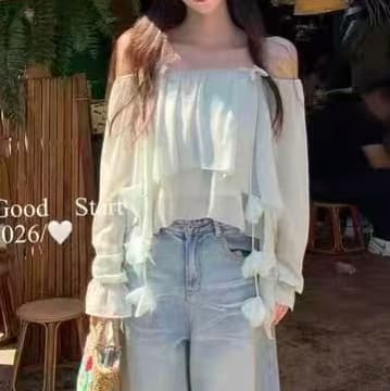 주문 재고 있음 여성 의류 봄 새로운 프랑스식 순수한 욕망 바람 꽃 리본 오프숄더 쉬폰 블라우스 슬림해 보이는 패션 맨위 상세 이미지 7