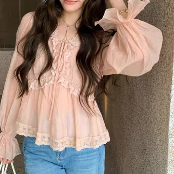 재고 있음 사쿠라 꽃가루 3 차원 레이스 레이스업 V넥 맨위 품격 부드러운 바람 질감 쉬폰 블라우스 나팔 소매 이미지 2