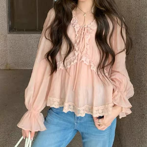 재고 있음 사쿠라 꽃가루 3 차원 레이스 레이스업 V넥 맨위 품격 부드러운 바람 질감 쉬폰 블라우스 나팔 소매 상세 이미지 7