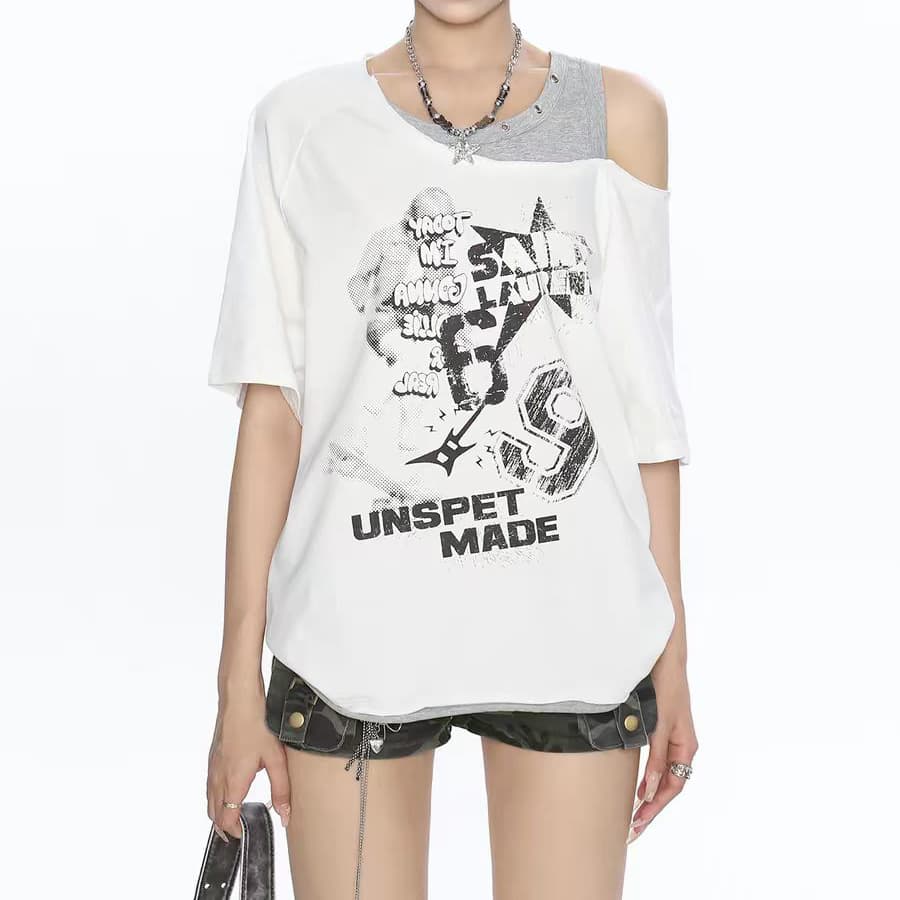 주문 재고 있음 핫걸 낙서 프린트 페이크 레이어드 오프숄더 반팔 티셔츠 여성 여름 디자인 센스 슬림해 보이는 루즈핏 맨위 이미지 2