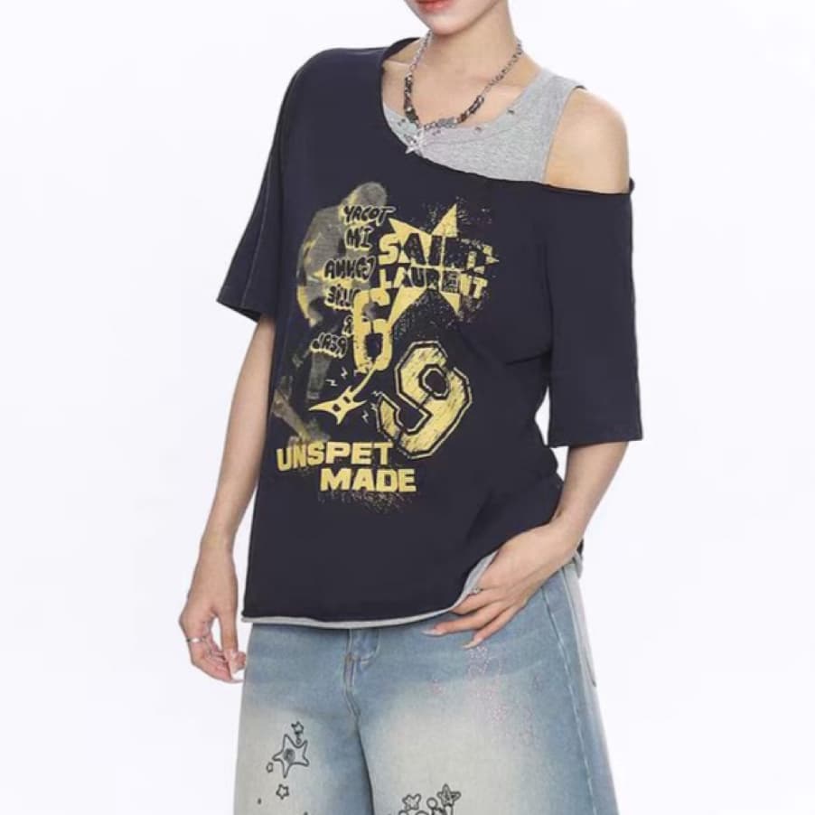 주문 재고 있음 핫걸 낙서 프린트 페이크 레이어드 오프숄더 반팔 티셔츠 여성 여름 디자인 센스 슬림해 보이는 루즈핏 맨위 상세 이미지 2
