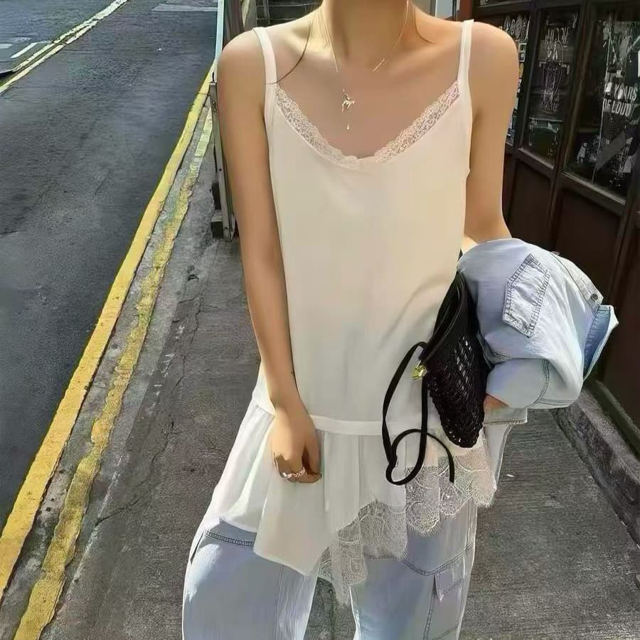주문 재고 있음 프랑스식 스택 착용 불규칙 레이스 조각 캐미솔 인사이드 가져 가라. 민소매 여름 외출용 맨위 이미지 2